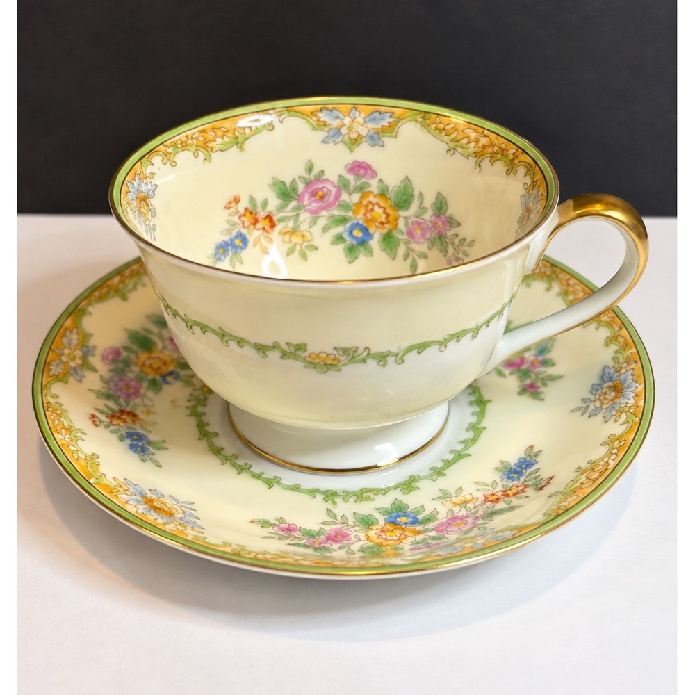 Vintage Noritake Japan Hand Painted Floral Teacup & Saucer Gold Trim M Wreath